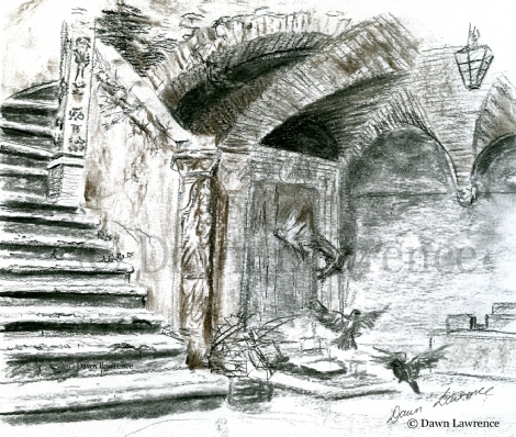 Hidden Courtyard, Umbria, Italy charcoal drawing by Dawn Lawrence