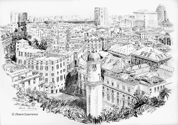 Genoa from above Piazza del Portello with the Torre del Mirador del Palazzo Nicolosio Lomellino charcoal drawing