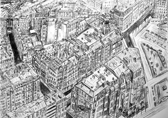 Paris from Above, charcoal drawing by Dawn Lawrence