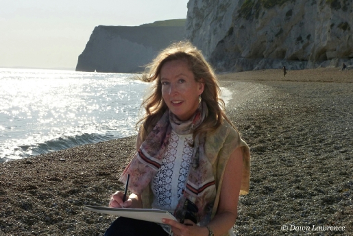 The Artist Dawn Lawrence sketching on the Jurassic Coast, Dorset