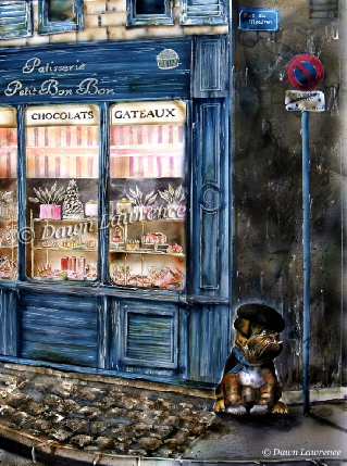Alfreddo outside the patisserie A chien qui fume, airbrush painting by Dawn Lawrence