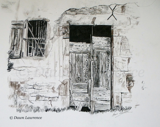 The old barn at Peyre, charcoal drawing by Dawn Lawrence