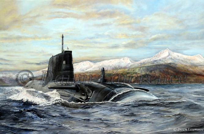 HMS AMBUSH marine art painting by Dawn Lawrence