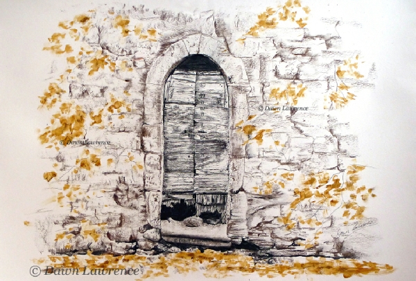  Autumn's Forgotten Door, charcoal and mixed media drawing by Dawn Lawrence