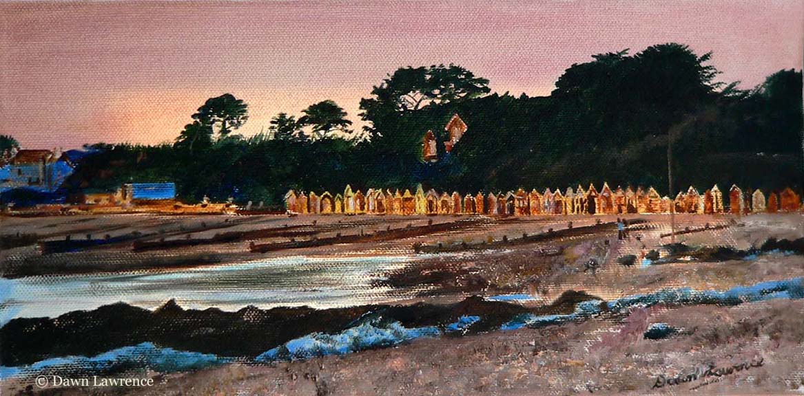 Beach huts at sunset oil painting