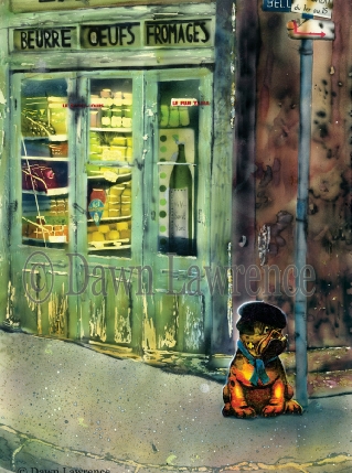 Alfreddo outside the Laiterie. A chien qui fume, airbrush painting by Dawn Lawrence